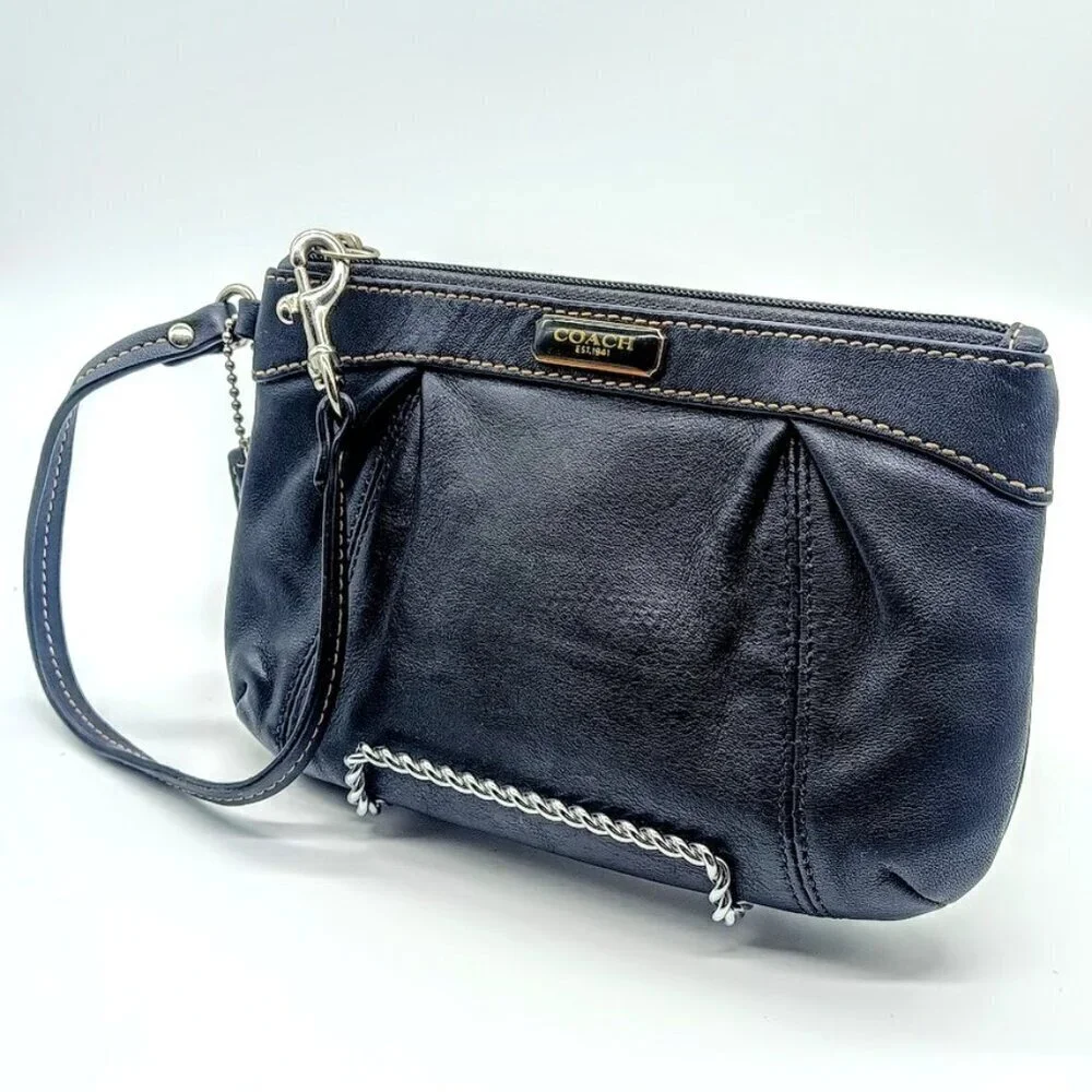 Vintage Coach Blue Black Pleated Leather Wristlet